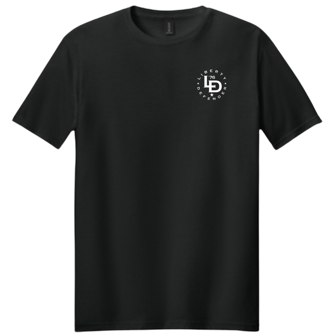 Liberty Defender front chest logo t-shirt featuring LD ‘76 patriotic branding – minimalist military-style shirt for patriots in California, Arizona, Tennessee, and proud Americans across the country.