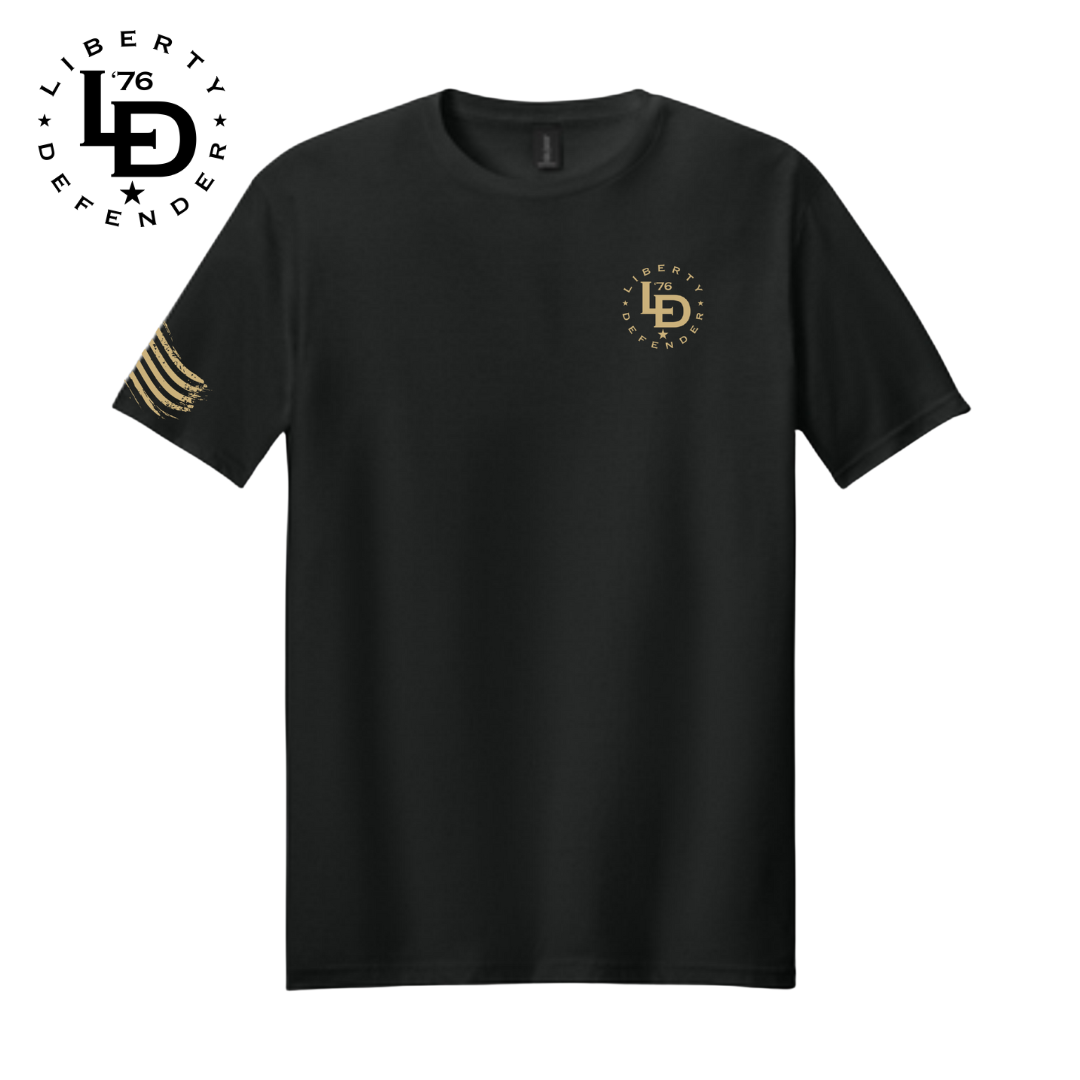 Black t-shirt with gold logo and text on a white background