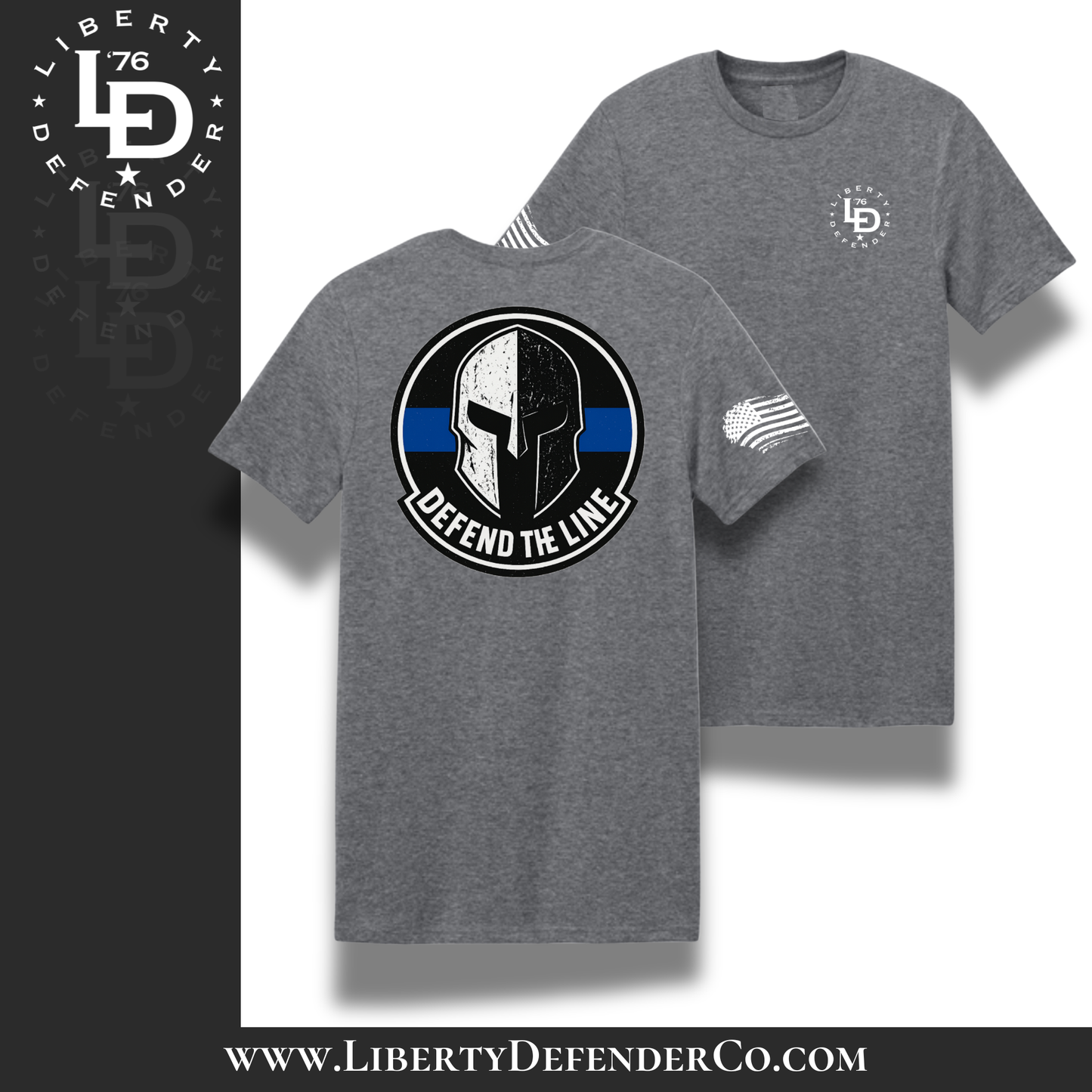 Back view of heather gray Liberty Defender t-shirt featuring a large Spartan helmet design with a thin blue line and the text Defend the Line