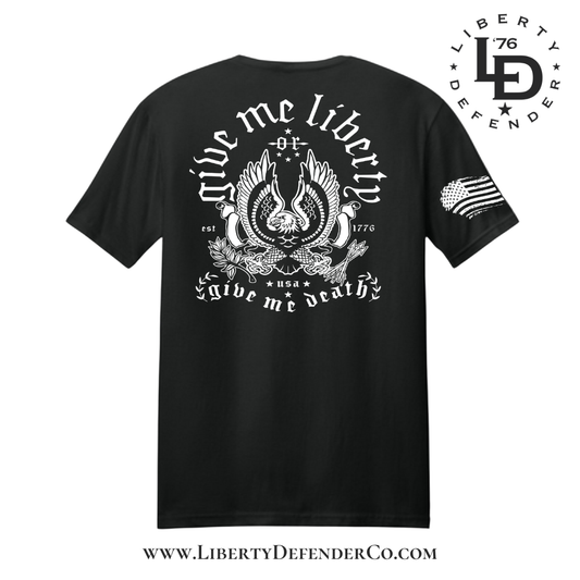 Back view of Give Me Liberty t-shirt featuring eagle crest and patriotic heritage graphic in white
