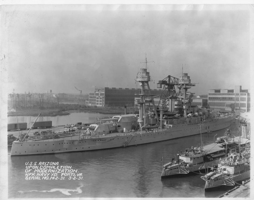 The USS Arizona shown newly completed in 1931, docked and fully outfitted as a United States Navy battleship prior to World War II.