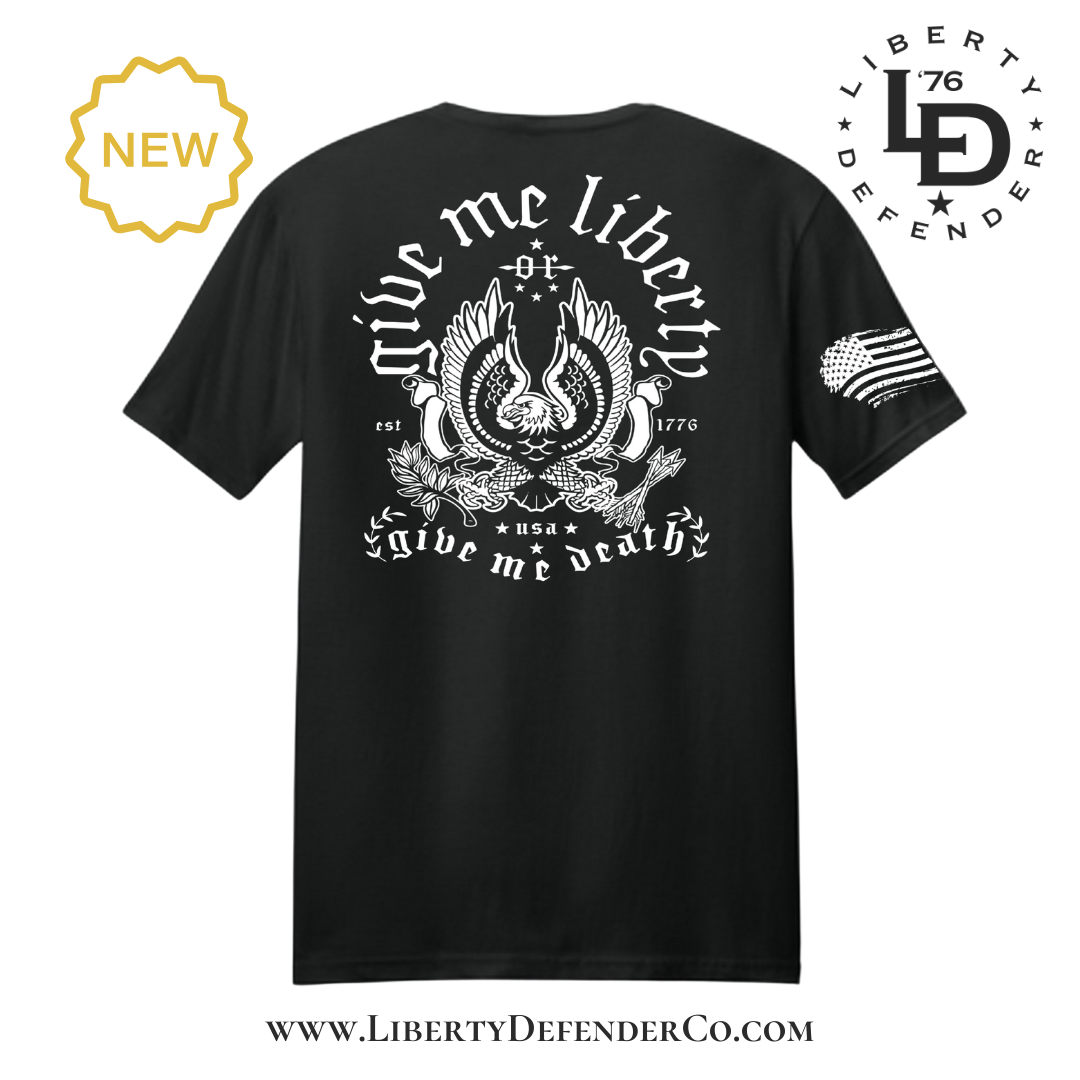 Give Me Liberty patriotic t-shirt with detailed eagle graphic inspired by American independence and 1776