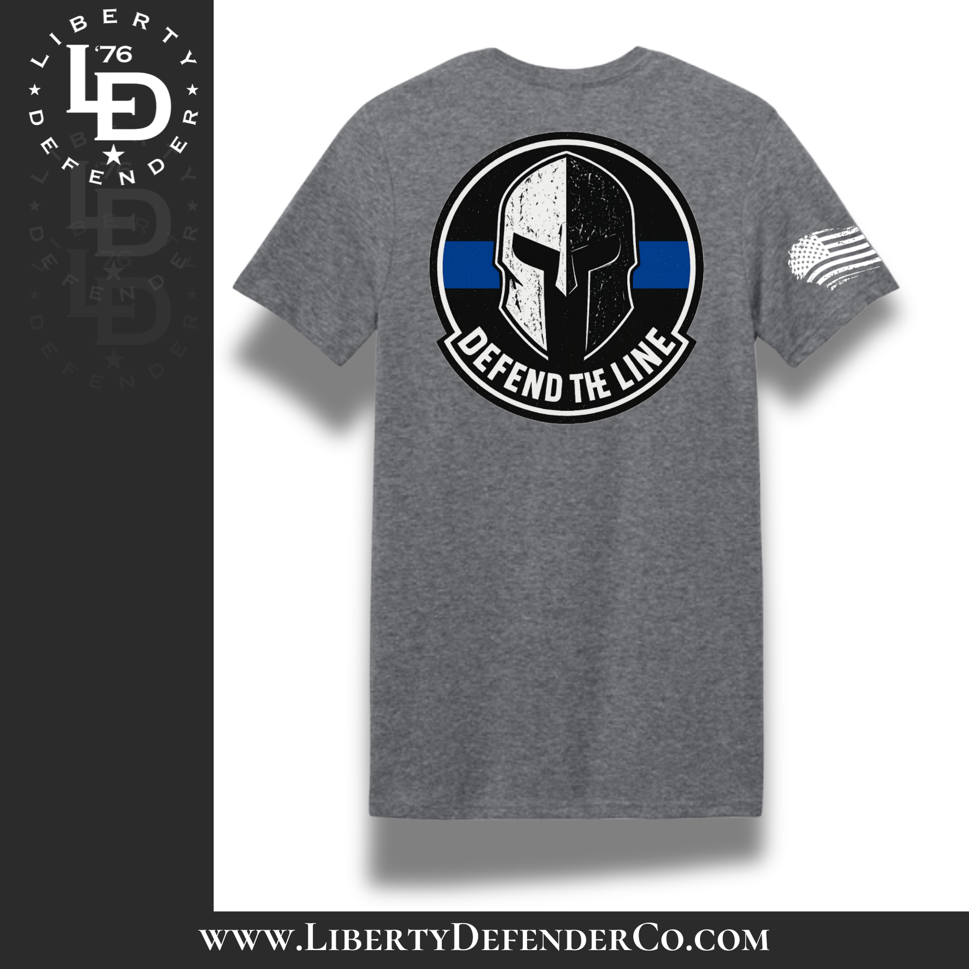 Liberty Defender Defend the Line Thin Blue Line t-shirt showing front chest logo and large Spartan helmet graphic on the back, heather gray