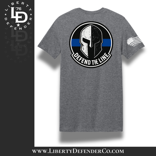 Liberty Defender Defend the Line Thin Blue Line t-shirt showing front chest logo and large Spartan helmet graphic on the back, heather gray