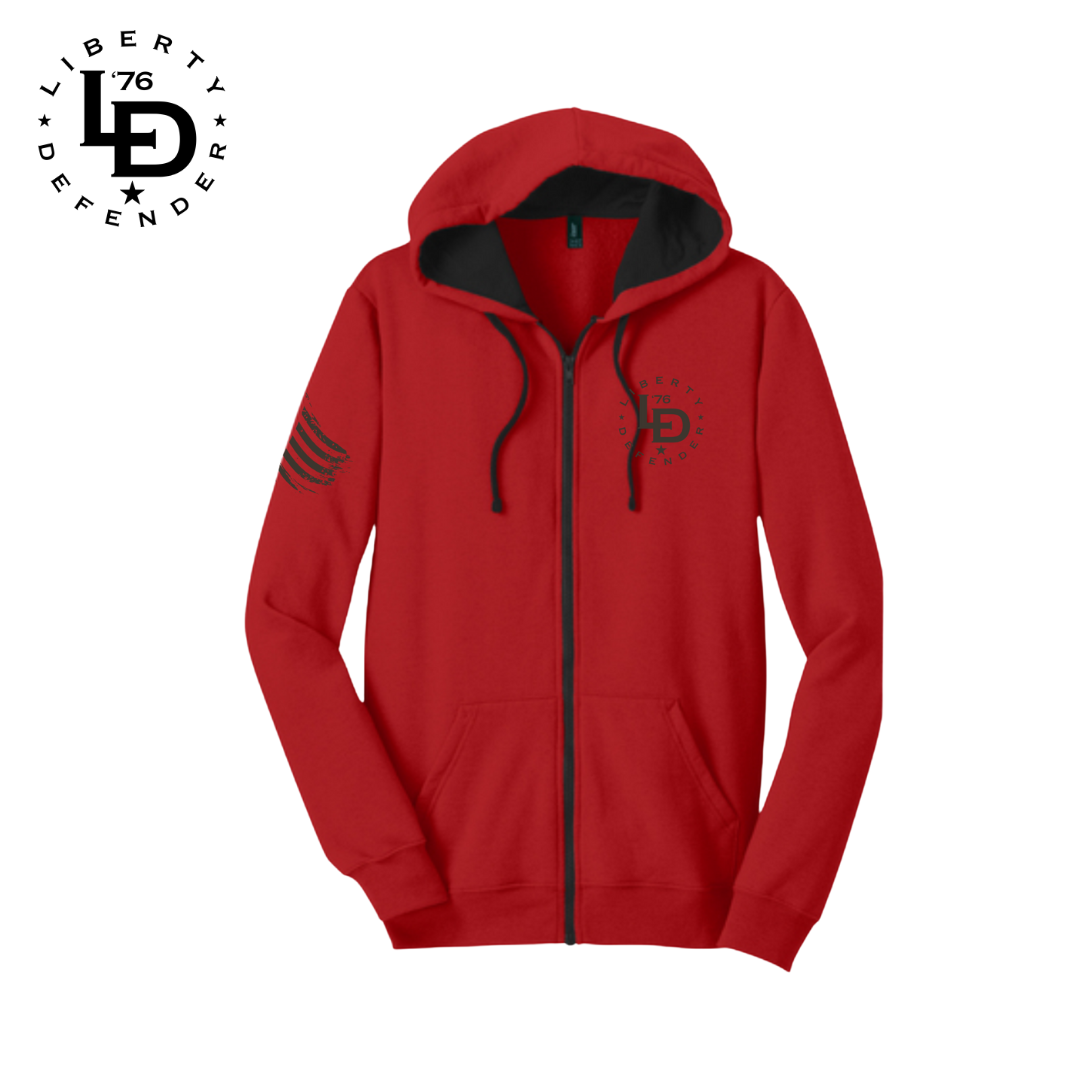 Red hoodie with black accents on a white background, featuring the Liberty Defender logo.