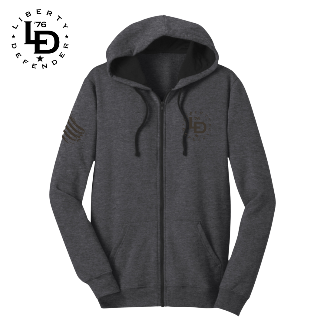 Gray hoodie with a logo on a white background