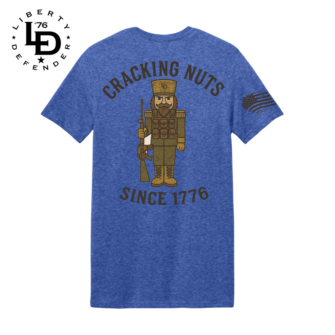 Cracking Nuts Since 1776 shirt with a tactical Nutcracker graphic.