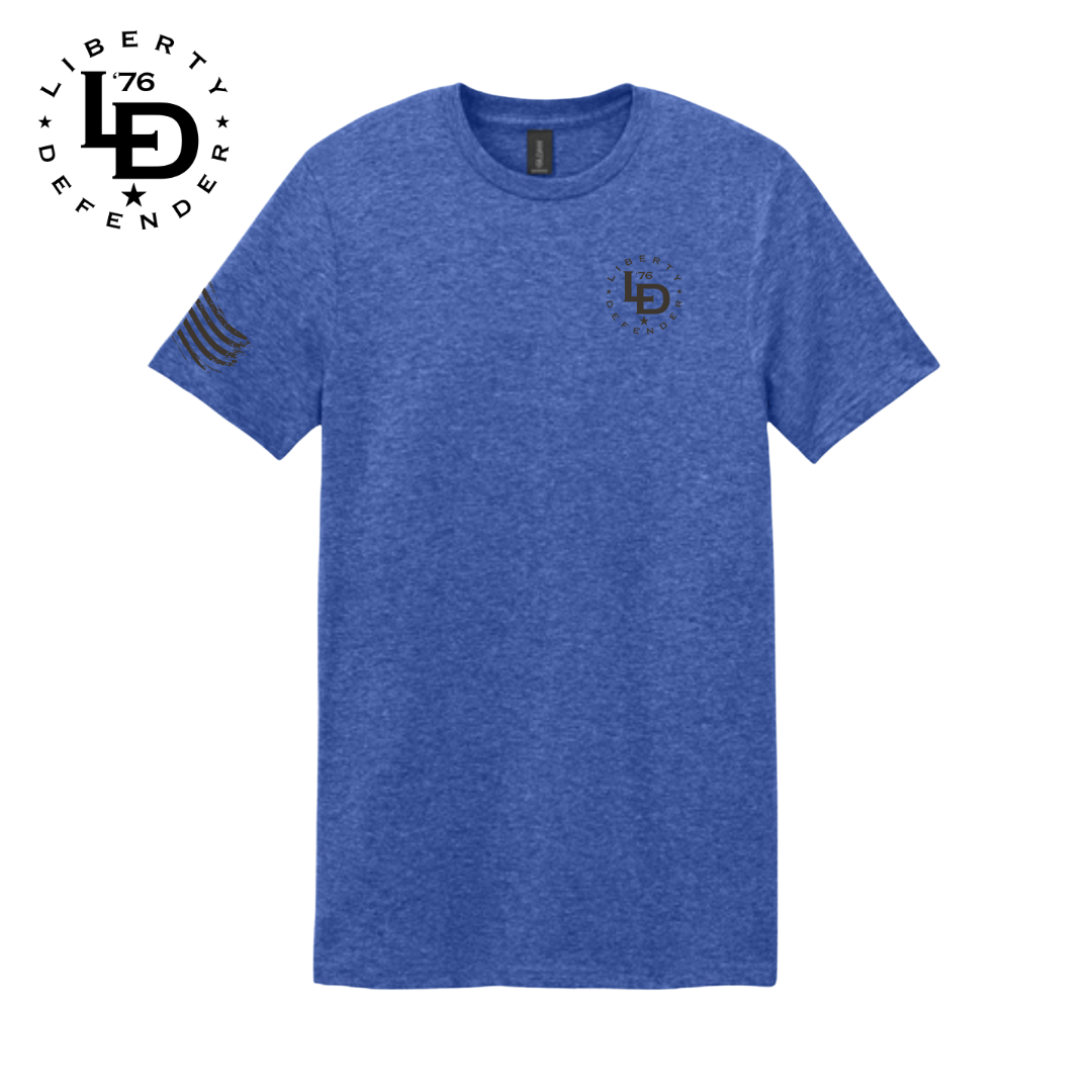 Heather blue Liberty Defender tee with LD chest logo and sleeve flag.