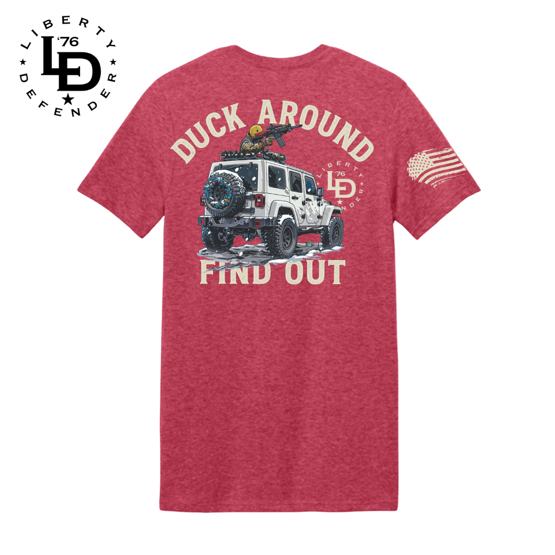 Full back view of the red heather Liberty Defender Duck Around Find Out shirt with patriotic artwork and sleeve flag.