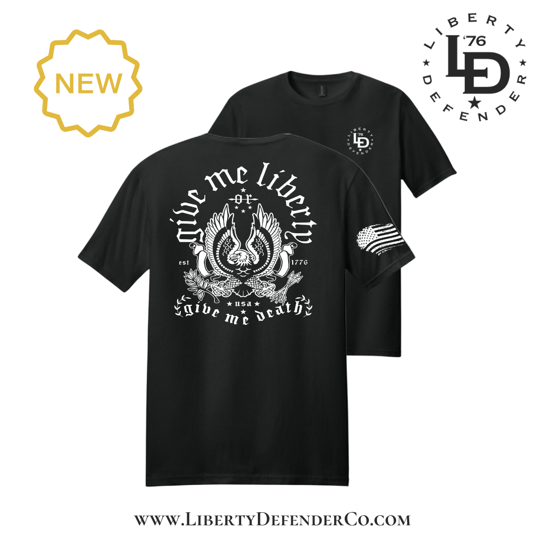 Black Give Me Liberty t-shirt showing front logo and back eagle graphic inspired by American heritage