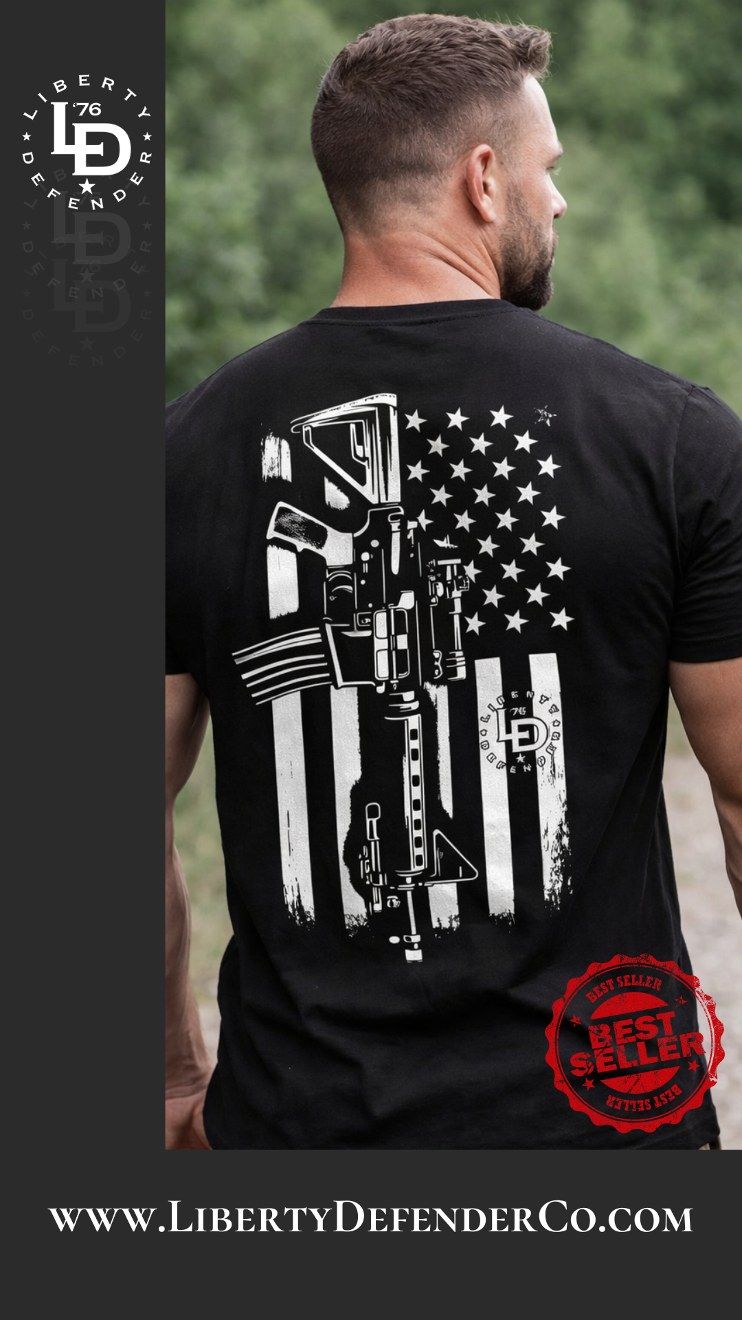 Man wearing a black rifle and American flag graphic t-shirt, shown from behind in an outdoor setting, highlighting the back design