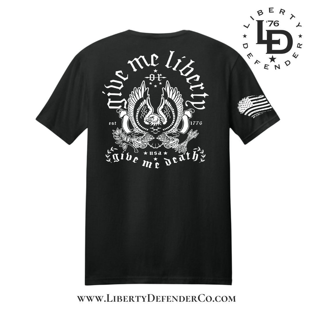 Back view of Give Me Liberty t-shirt featuring eagle crest and patriotic heritage graphic in white
