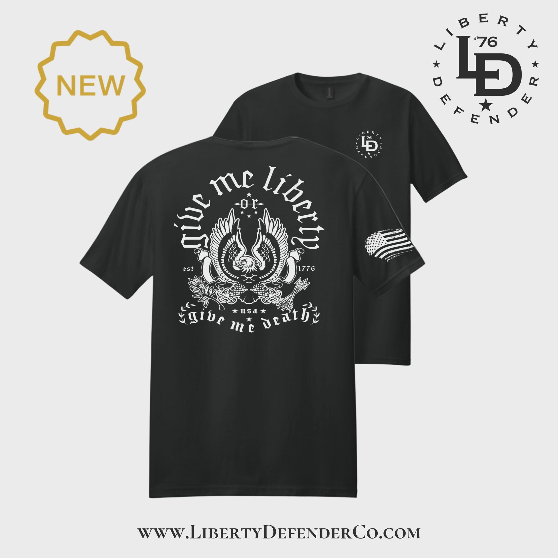 Video showing front and back of Give Me Liberty patriotic t-shirt with eagle graphic and heritage design