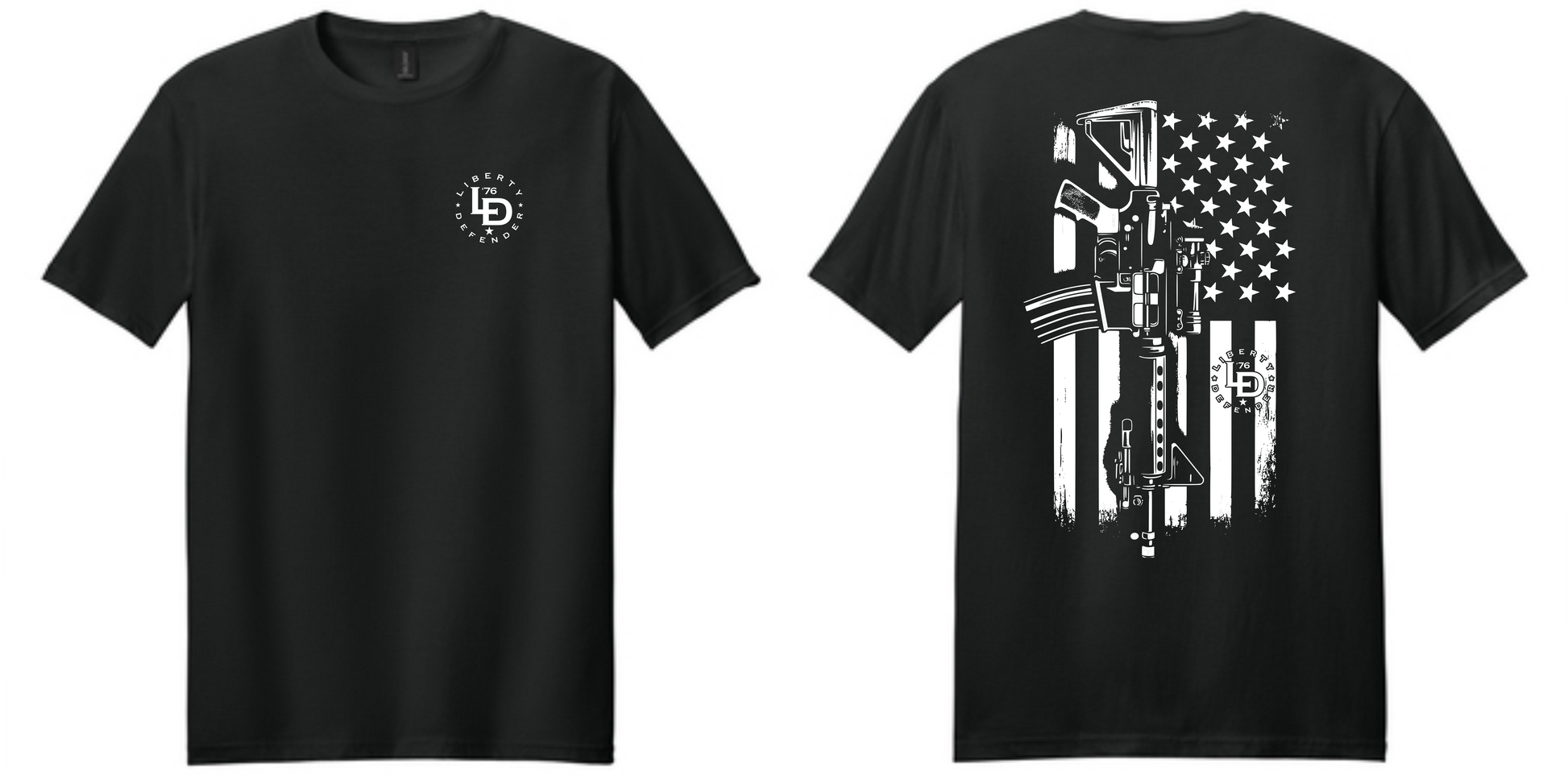 Patriotic black t-shirt featuring a vertical rifle silhouette layered over a weathered American flag graphic